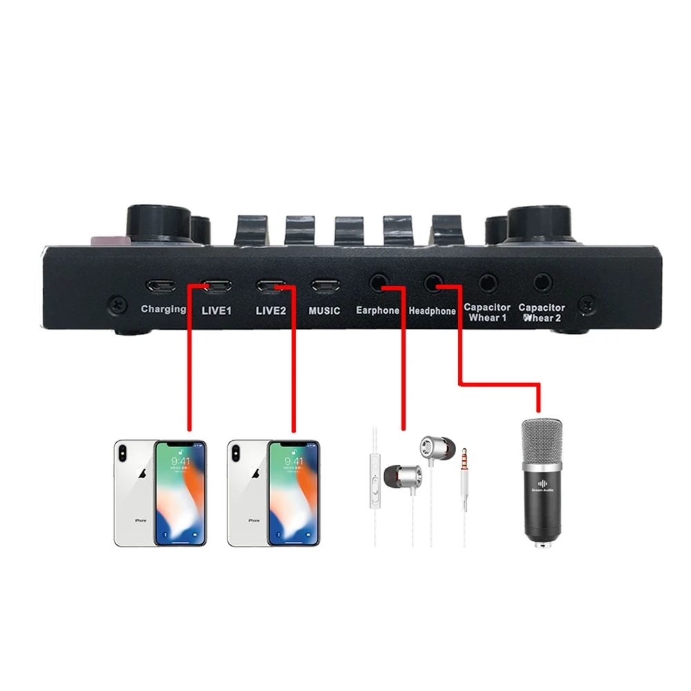 GAX-V9 Bluetooth Mezclador de Micrófono de Condensador de Audio de la Tarjeta de Sonido de la Emisión en Directo de Grabación USB 3.5 mm Ordenador PC Teléfono Móvil de alta fidelidad 0