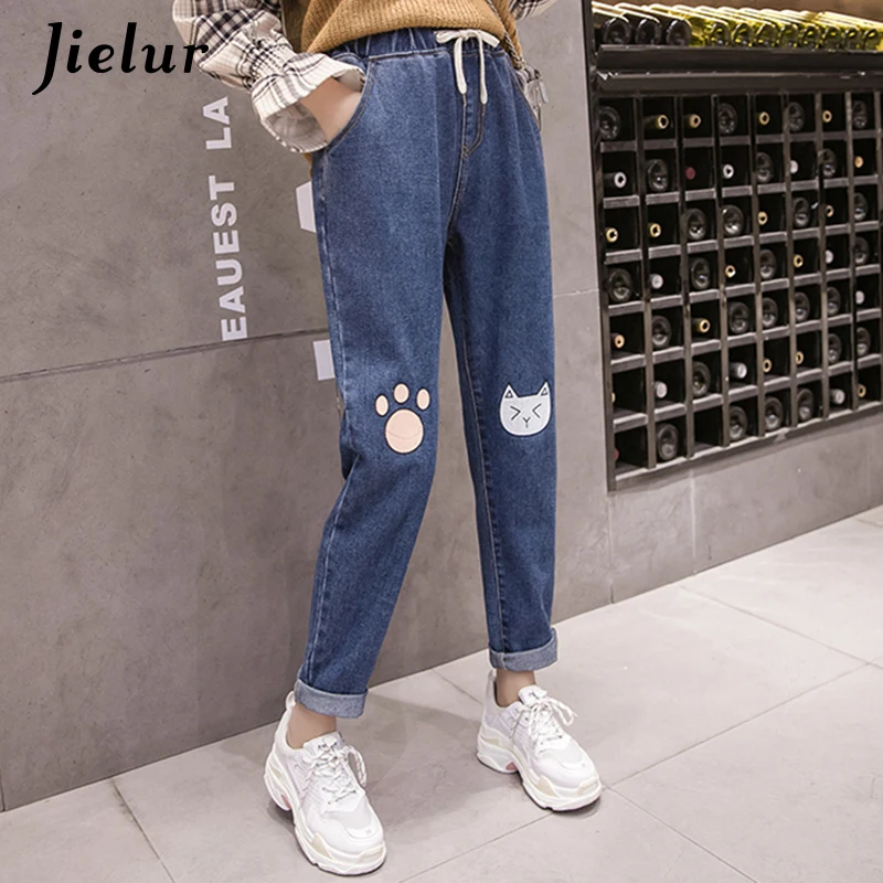Jielur Suelta Más el Tamaño de S-5XL de la Mujer pantalones Vaqueros de Cintura Alta Elegante Lindo Gato Impreso Pantalones de Mezclilla para Dama 2020 de la Moda de los pantalones Vaqueros Azules Mujer 0