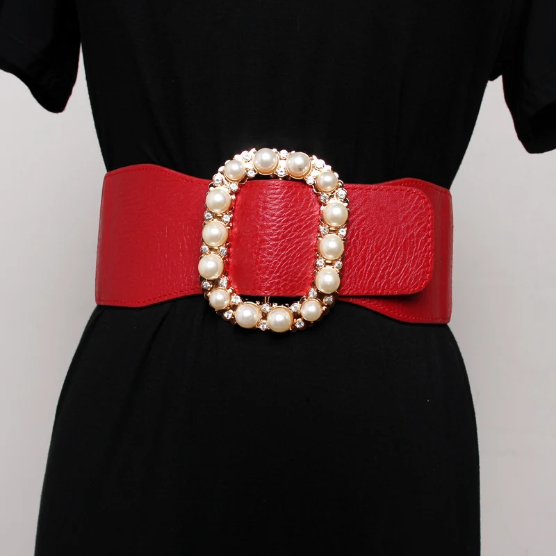 Cuero de la PU de Alta Elástica Cinturón Ancho para las Mujeres Estirar la Cintura Cinturón para el Vestido de Otoño Estirar las Mujeres Cinturones Blanco Rojo Perla de la Hebilla de la Correa 0