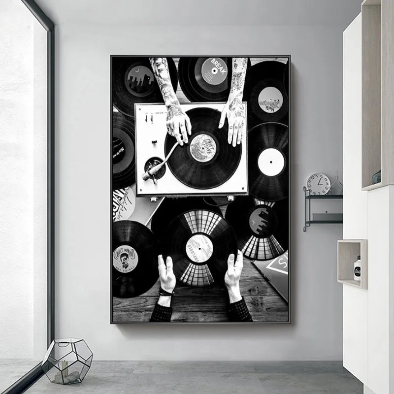 Discos de vinilo de la Pared de Arte de Pintura en tela, en Blanco y Negro de la Vendimia de la Música Posters y Impresiones de Imágenes de la Pared para la Sala de estar Decoración para el Hogar 0