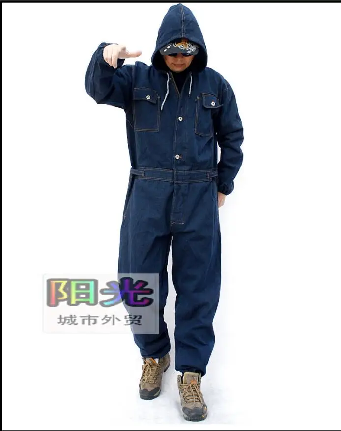 M-4xl Overol de Mezclilla ropa de trabajo Traje de Manga Larga de Multi-bolsillo de la Capucha Suelta de Gran Tamaño Monos un Desgaste Uniforme Resistan Jeans 0