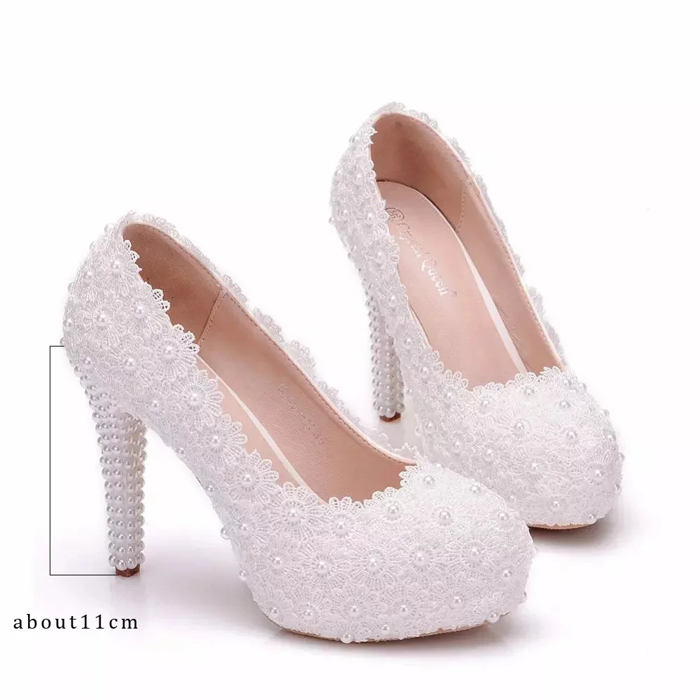 Las mujeres de la plataforma zapatos de tacón alto de la flor blanca de encaje de la boda zapatos de las mujeres de las bombas de gran tamaño de las mujeres zapatos de novia zapatos de tacón de mujer 0