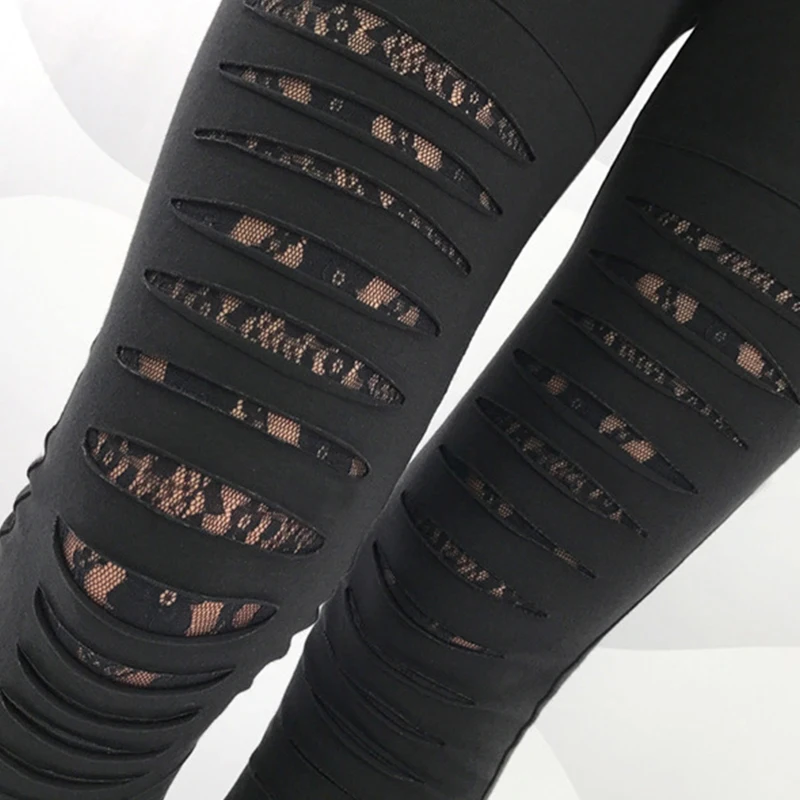 NORMOV Mujeres de Entrenamiento Sólido Polainas de Cintura Alta Decoración de Encaje Leggings Sexy Agujero en la Rodilla Lápiz Pantalón Slim Estiramiento Pantalones 0
