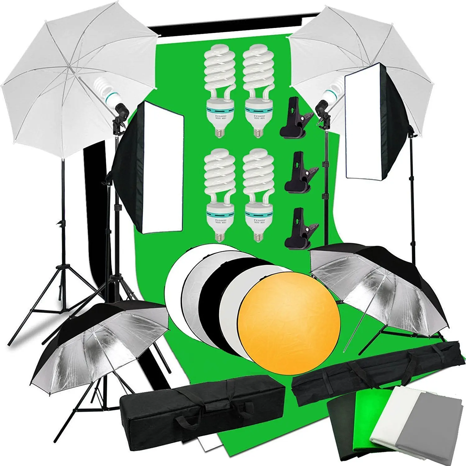Astudio photo Studio Kit de Iluminación de 4x135W foto bombillas+Telones de fondo de caja de luz paraguas Studio Kit+5 en 1 Reflector Panel 0