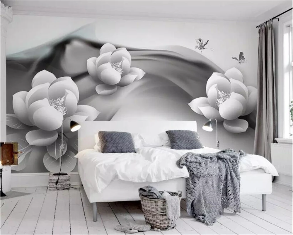 Beibehang Personalizados en 3D Mural de papel pintado en blanco y Negro tinta de loto de la mariposa Hotel Cafe de Fondo de papel tapiz para paredes 3 d tapeta 0
