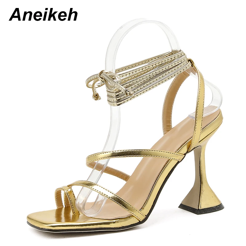 Aneikeh de las Mujeres los Zapatos de la Cruz-Atado de la Cabeza Peep Toe de Retazos de Moda de la Boda zapatos de Tacón Alto Sandalias Mujer NUEVA 2020 Verano de Banda Estrecha 0
