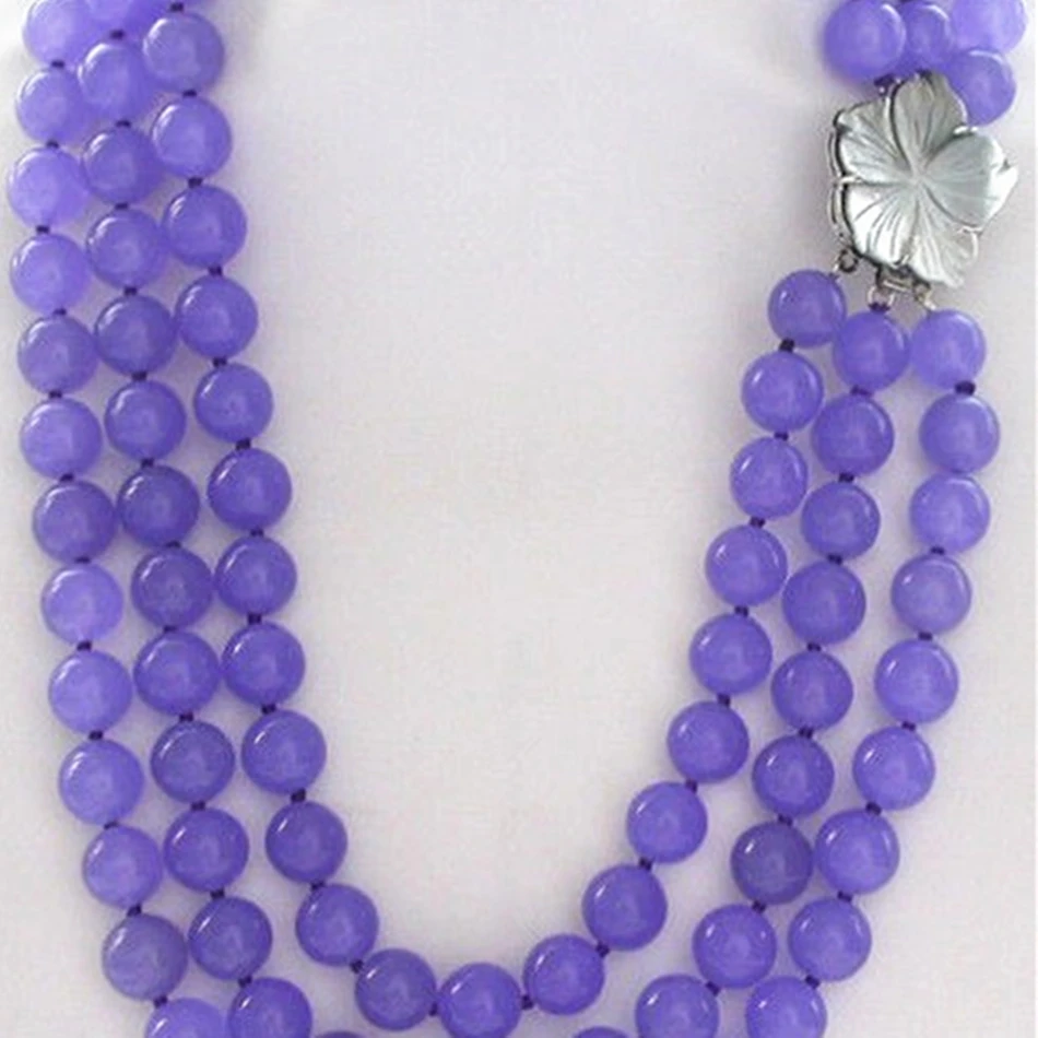 La moda 3rows 8mm de color púrpura de la ronda de calcedonia jades perlas del collar para las mujeres naturales de la cáscara de la flor broche de diy de la joyería de 17 19inch YE2099 0