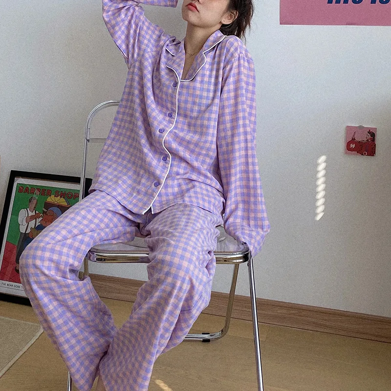 2021 De La Moda De Manga Larga Pijamas De Mujer A Cuadros Pijama Conjunto De Dos Piezas Dulce Suave Casual Suelto Gire El Collar De La Ropa De Dormir 0