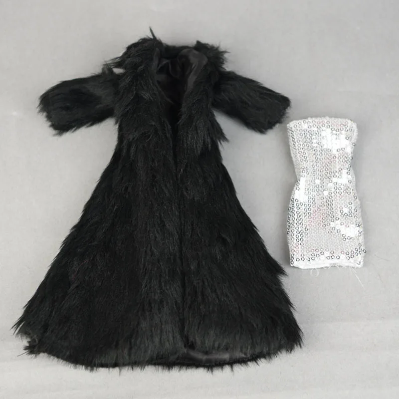 Conjunto De Invierno Super Pelo Largo Abrigo Negro Y Plateado Vestido Para Muñeca Barbie Ropa De Moda De La Parka Vestido De Traje De 1/6 De La Muñeca Accesorios 0