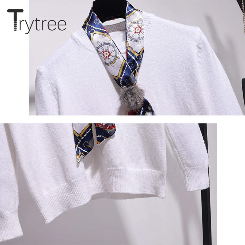 Trytree 2020 Otoño Invierno set de Dos piezas Casual O-cuello Bufanda de Tejido Sólido Suelto Top + Falda a Cuadros de Una línea de Mini Set 2 piezas 0