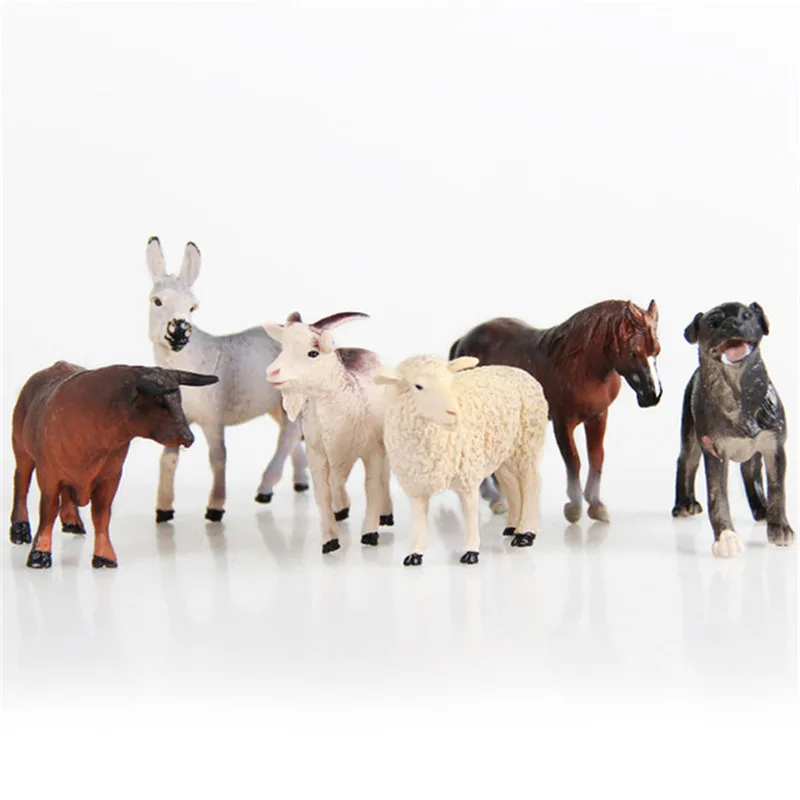 6pcs Simulada de los Animales de Granja de Ovejas Perro, Caballo, Burro, Buey, Vaca Conjunto de Animales de Niño Estática de Plástico Modelo Conjunto de Juguetes de Regalo de Navidad 0