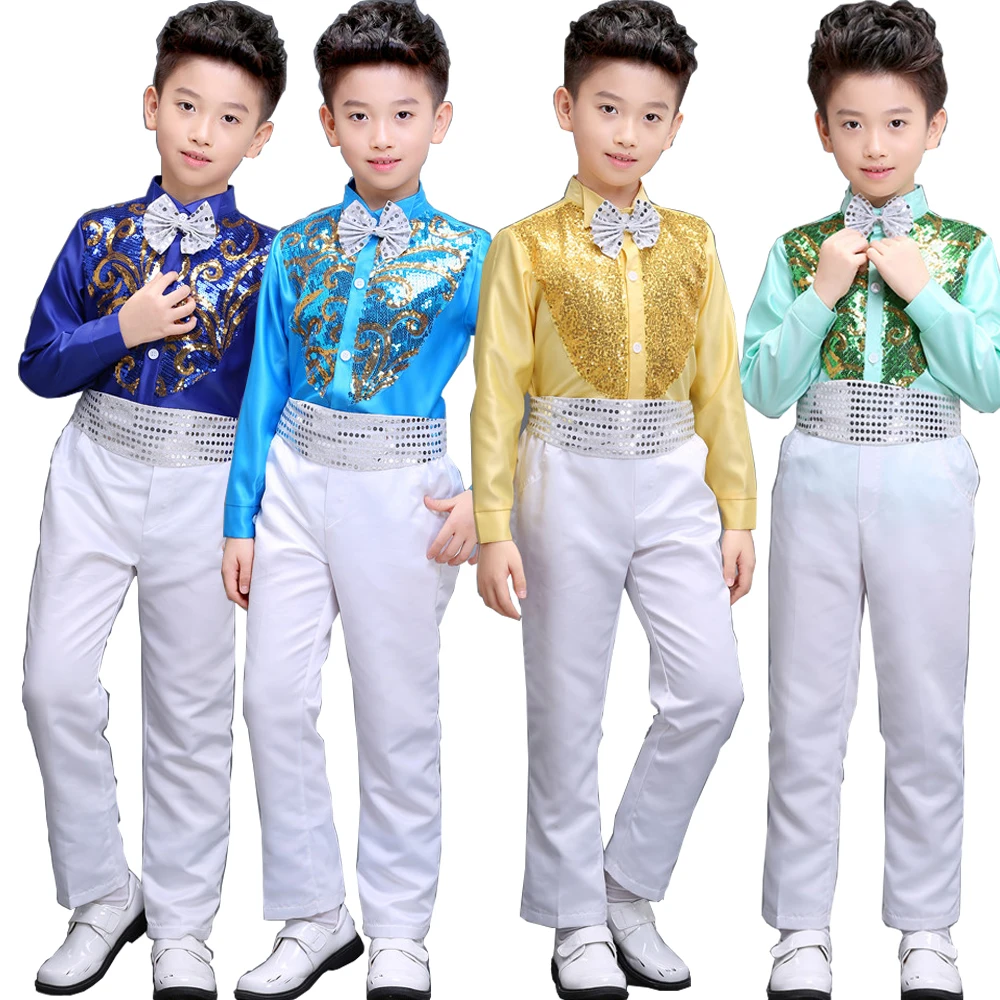 Camiseta+Pantalones+Correa+Corbata de pequeños de Niños con Lentejuelas fiesta de la Boda dancewear trajes de Colores ballrooom Stagewear baile de Trajes 0