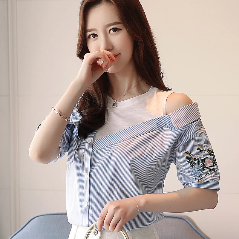 Mujeres Camisetas De 2021 Camisa Blanca Blusa De Las Señoras Tops Coreano De La Moda De Ropa Camisetas De Rayas Bordado Blusa De Las Mujeres 2701 50 0