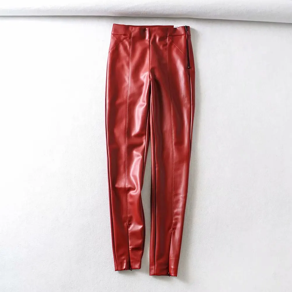La moda Otoño Invierno de las Mujeres de Alta Wasit de Imitación de Cuero Pantalones de Dama de Rosa Rojo Negro de Lana de la PU de las Cremalleras Flaco Tramo Lápiz Pantalones 0