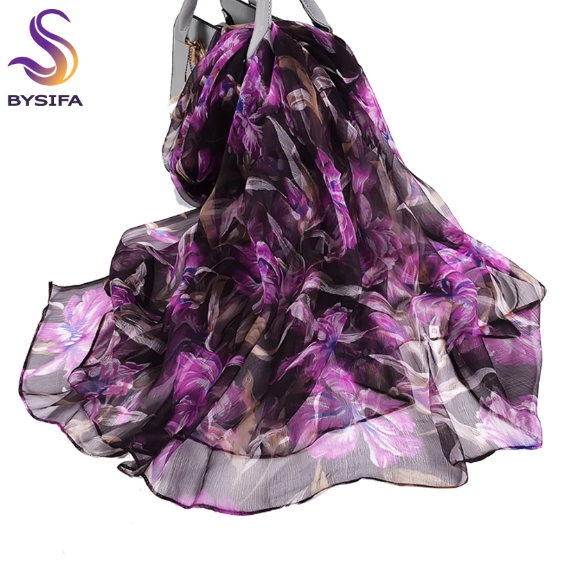 [BYSIFA] Nuevo Púrpura Café de Seda de la Bufanda del Mantón de la Moda Femenina Noble Largas Bufandas de las Señoras de la Marca de Pura Seda Pañuelo de Cuello Playa Cover-ups 0