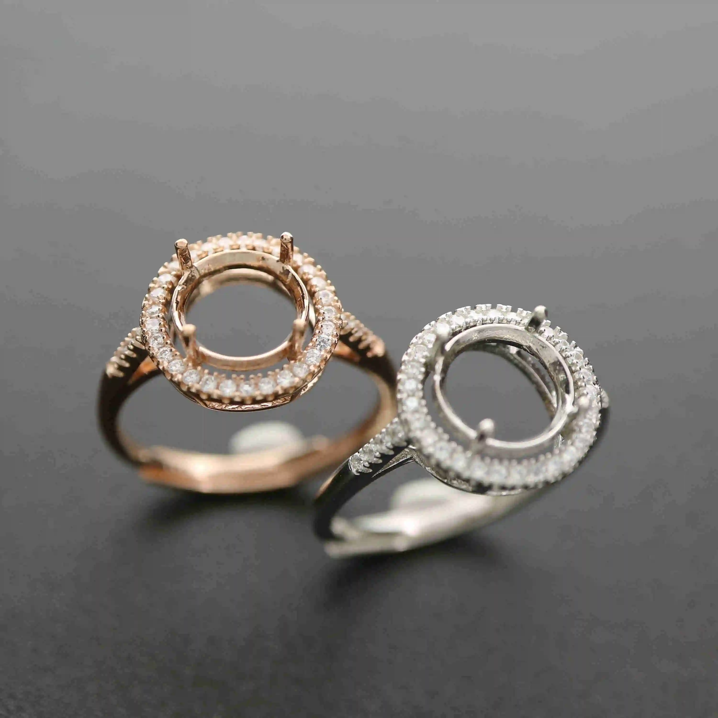 6-10MM ronda de oro rosa de plata Joyas CZ piedra puntas bisel sólida plata de ley 925 anillo ajustable configuración 1210031 0