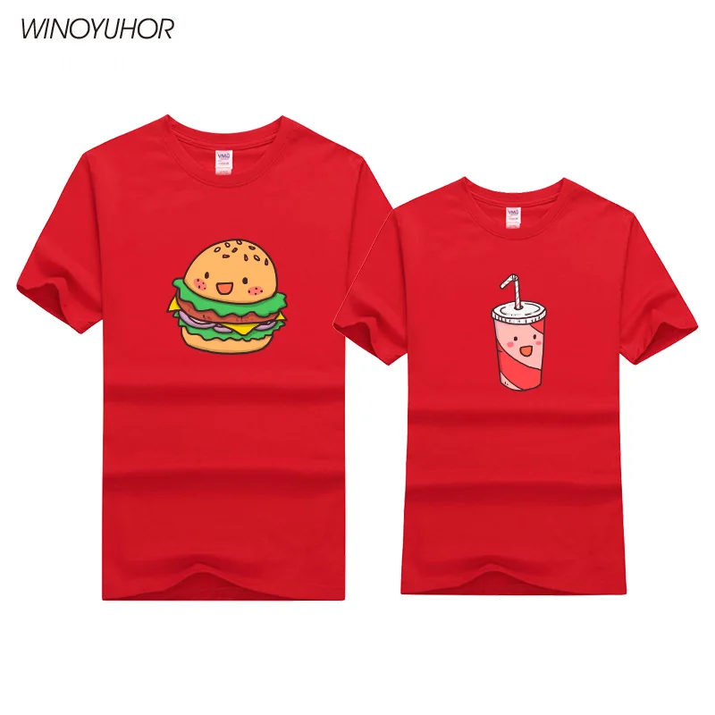 Hamburguesa Bebidas Impreso T-shirt de la Mujer para Hombre Verano de Manga Corta T Camisa de Algodón Par de Coincidencia de los Amantes Divertido Unisex T-shirt 0