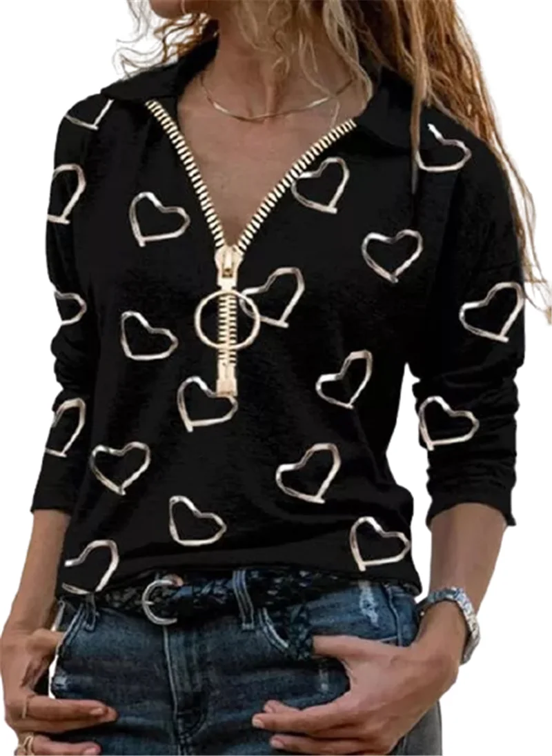 Elegante Impresión de Corazón Cremallera Cuello en V Jersey de la Mujer Top Otoño Casual de Manga Larga T-shirt Camisa de Señora de la Calle Plus-Tamaño Negro Tees 0