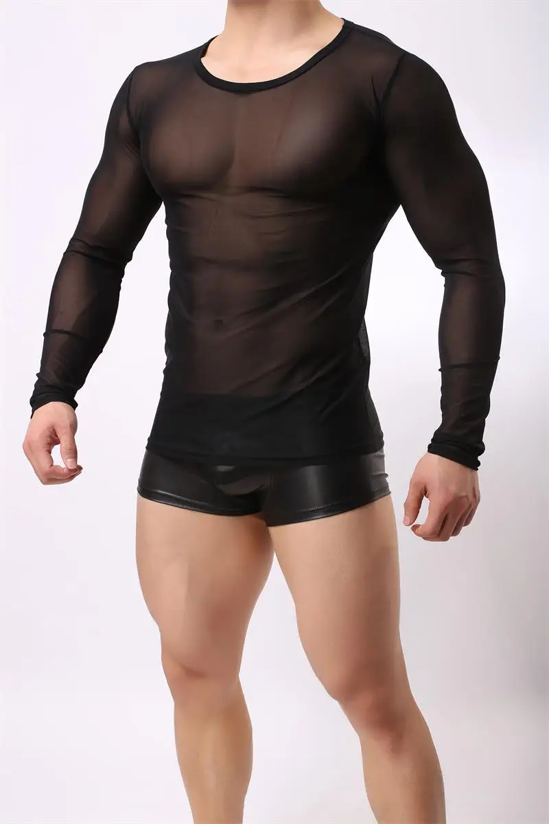 Hombres Sexy Malla de Manga Larga con Camisa Tramo de camiseta de Deporte de Jogging, Gimnasio Licra Ropa Transpirable camiseta interior 0