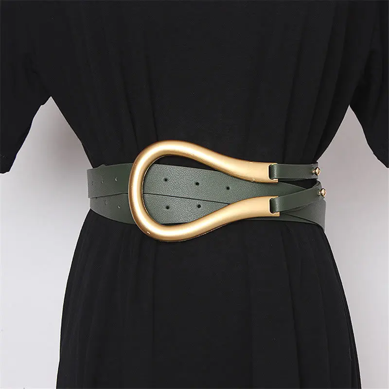 TVVOVVIN las Mujeres de la Moda de Nueva Cinturones de Metal Curvada Grande de Herradura Hebilla de Microfibra Importada de Cuero de la Correa Doble Casual Cinturón DMY1859 0