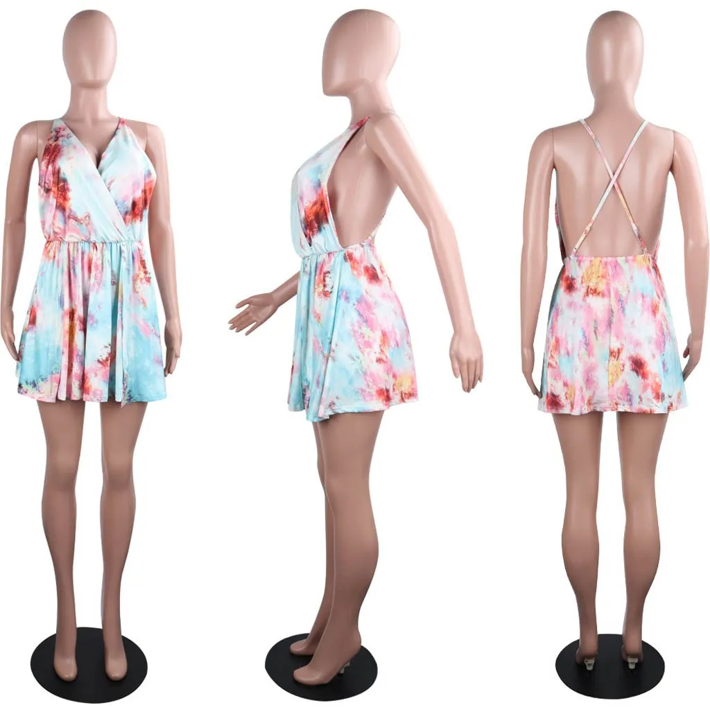 Vestido de verano de 2020 de la Moda de Impresión del Tinte del Lazo Slip Vestido Sexy sin Mangas Backless Profunda V-cuello de la Playa de Mini Vestido de las Mujeres Vestidos#J30 0