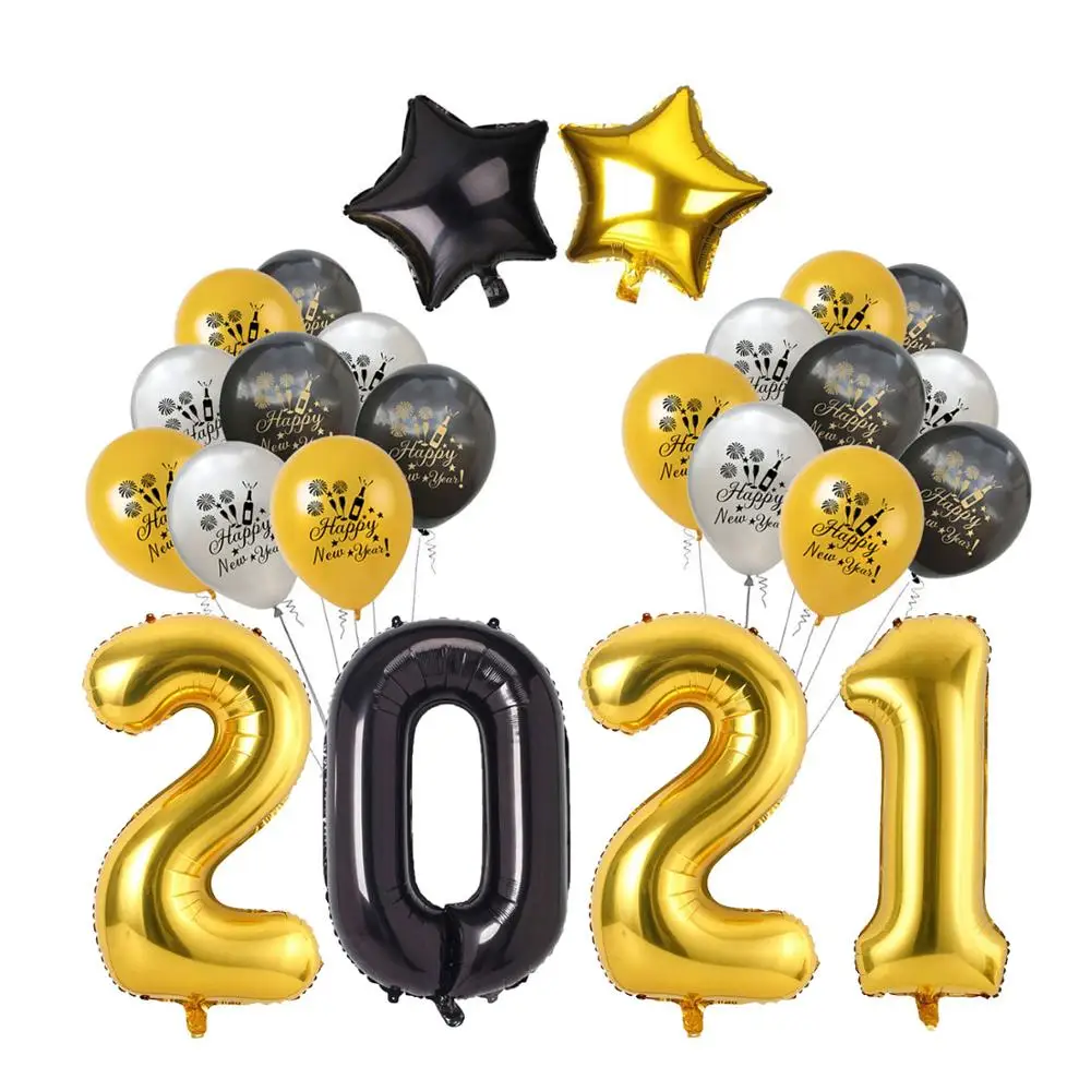 34Pcs/Set dorado y Negro, globos de Látex Feliz Año Nuevo 2021 Balón de Año Nuevo, Víspera de la Fiesta de las Vacaciones de la Fiesta de Navidad de la Decoración de Suministros 0