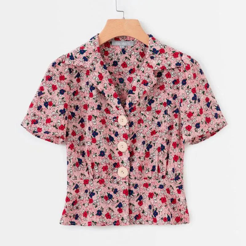 La mujer Camisetas de 2020 Primavera Verano de la Nueva Retro Camisa Corta Traje de Cuello de Manga Corta Solo Pecho de la Impresión Floral de la Blusa Femenina Tops 0