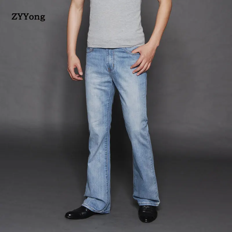 2020 Nueva Luz Azul para Hombre Gran Quemado Jeans Boot Cut de la Pierna de los Pantalones Sueltos Macho Diseñador Clásico Denim Jeans de Campana Inferior de los pantalones Vaqueros para Mí 0