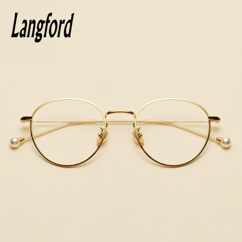 Langford marca ronda vintage gafas de marco óptico de marcos de anteojos para las mujeres de oro grande de anteojos de marcos del espectáculo diseños de la perla de la pierna 0