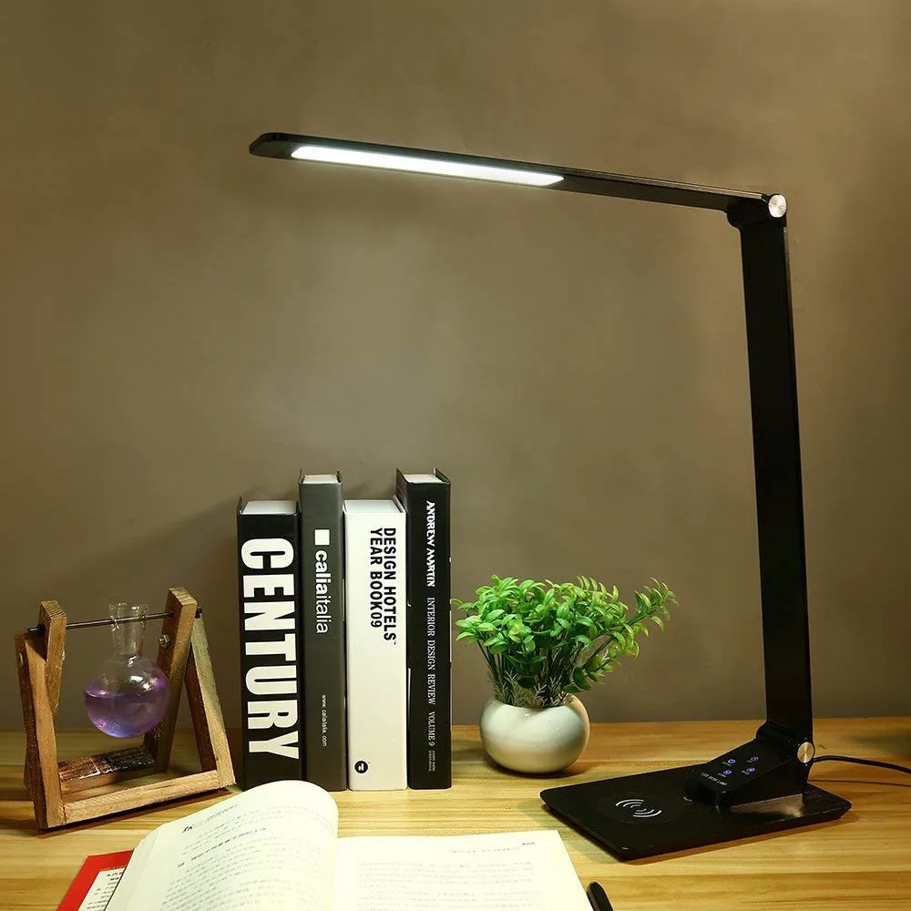 Lámpara de Escritorio LED de carga inalámbrica 7W USB Premium de Metal Luz de Oficina con Cargador Inalámbrico,3 Modos de Iluminación,5 Niveles de Brillo 0