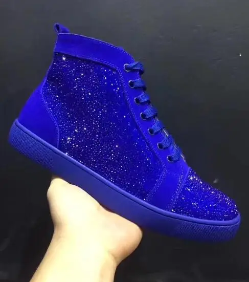 Moraima Snc más reciente de Cristal Azul Adornado de los Hombres Casual Zapatos de cuero de Alta Calidad de Encaje de alta Superior del Dedo del pie Redondo Zapatillas de deporte Zapatos Planos 0