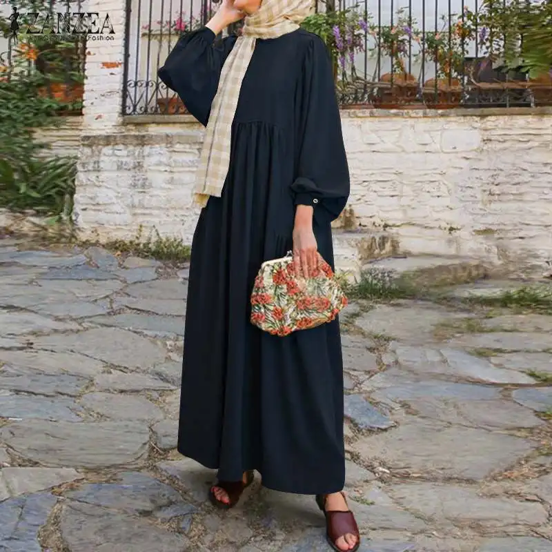 Retro Vestido de Musulmán las Mujeres Abaya Turquía Hiyab Vestido ZANZEA Casual Largo Puff Manga Sólido Vestido Islámico Ropa Dubai Túnica 5XL 0