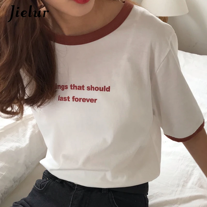 Jielur Harajuku Carta Impreso T-shirt de las Mujeres Simples Vintage Hipster de la Calle College Camiseta de Mujer de corea del Estilo Chic Roupas Feminina 0