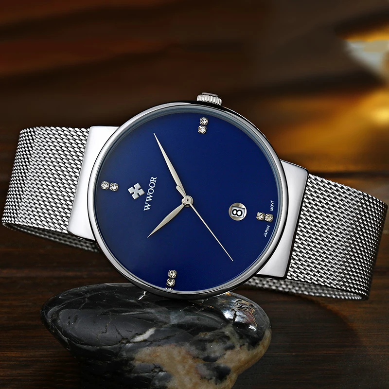 Los hombres Relojes de 2020 Marca de Lujo WWOOR de Fecha Automática Delgado Reloj de Cuarzo de los Hombres de Plata Azul de Malla de Acero Deporte Impermeable Masculino reloj de Pulsera 0