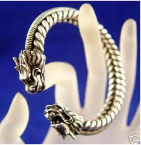 Asia China Magnífica Joyería tibetana dragón miao plata pulsera Brazalete 0