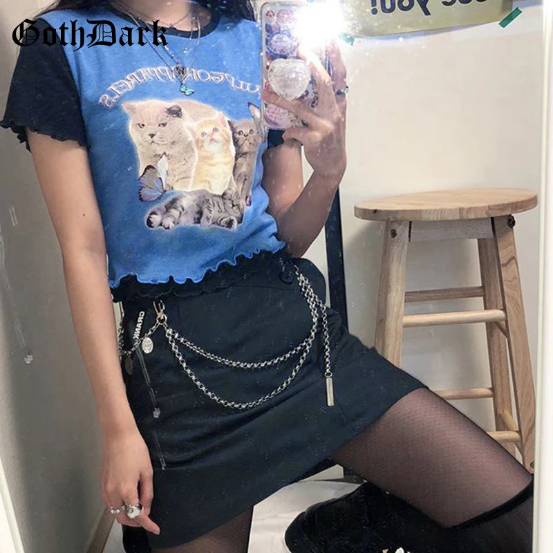 Goth Oscuro Harajuku Estética coreana Mujer T-camisa de Verano de 2020 Gráfico Kawaii Imprimir E-chica Linda Bodycon Volantes Mujeres Crop Tops 0
