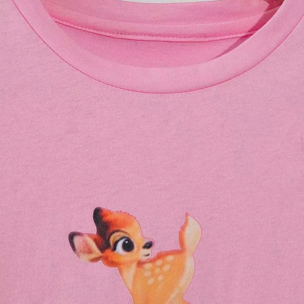 Disney T-Shirt De Moda De Nuevo Bambi Venado Floral De Impresión De Dibujos Animados Dulce De Las Mujeres T-Shirt O-Cuello De Manga Corta De Color Rosa De Algodón Camiseta Tops Mujer 0