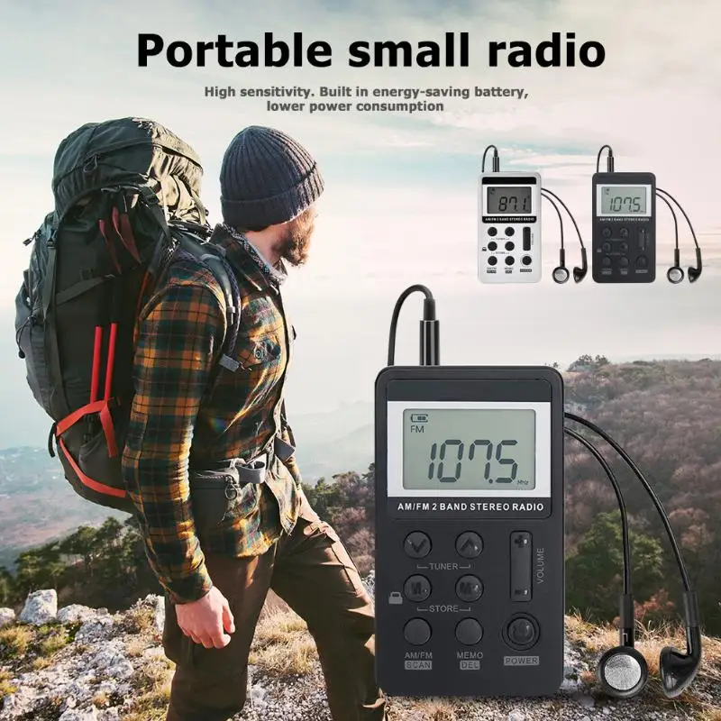Portátil Universal de Banda Dual, Estéreo AM/FM de Bolsillo, Radio Pantalla Digital Mini Receptor de Radio w/ HiFi Auriculares Batería Reemplazable 0