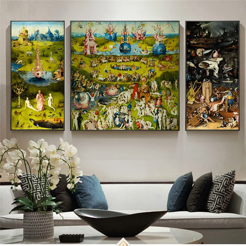 3Pcs El Jardín de las Delicias de la Lona de Arte de la Pintura de la Pared de la Imagen del Cartel de Hieronymus Bosch Imprime Sala de estar Decoración para el Hogar 0