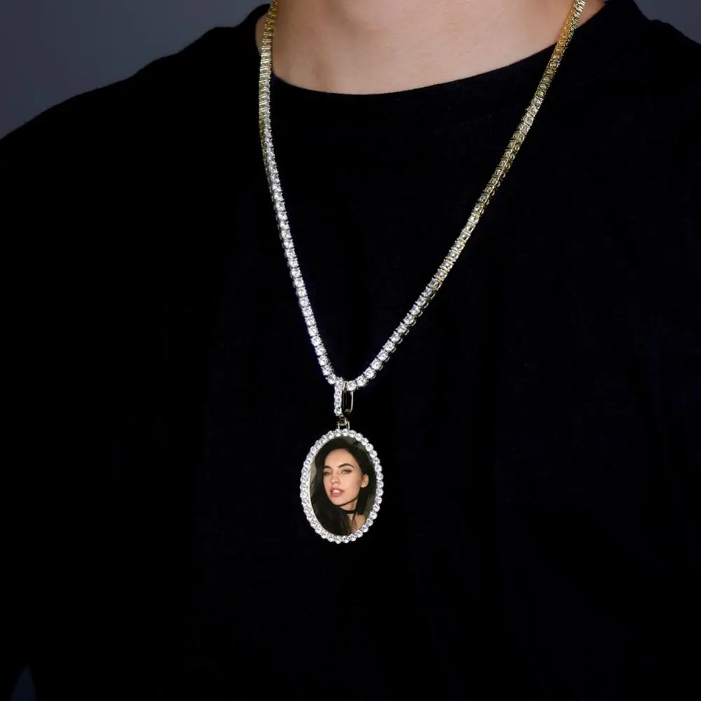 JINAO Personalizado Foto Oval de la Medalla de Hielo Colgante de Circón Colgante Para las Mujeres de los Hombres 0