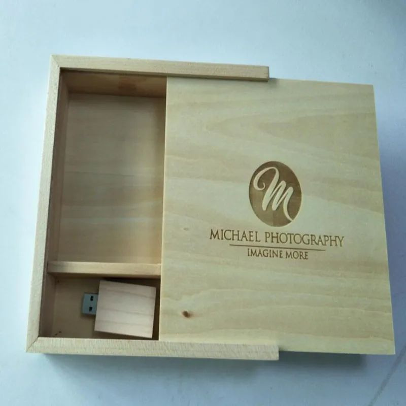 De madera USB 2.0 Flash Drive - Personalizado DIY LOGOTIPO de Arce Foto de la Caja con la Paja en el interior. Contiene Fotografías 4x6 0