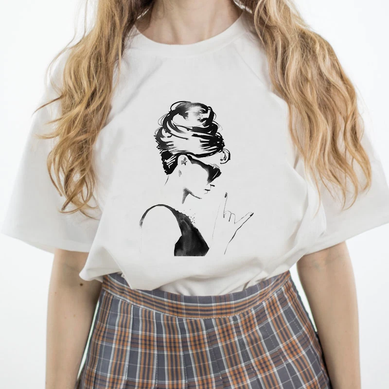 Luslos Audrey Hepburn Vogue Chicas interesantes de las Mujeres Harajuku coreana White T-shirt de Manga Corta Hipster Tops Streetwear Camiseta Mujer 0