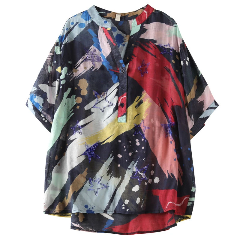2020 de Artes de Verano de Estilo de las Mujeres de Manga Corta Floja V-cuello de Camisas de la Impresión del Vintage de Algodón Casual Blusas Plus Tamaño de la Femme Blusas M87 0