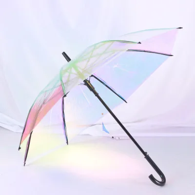 Plástico PVC Holográfica Paraguas de la Moda de Lluvia Sombrilla de Largo Mango de Paraguas Transparente 0