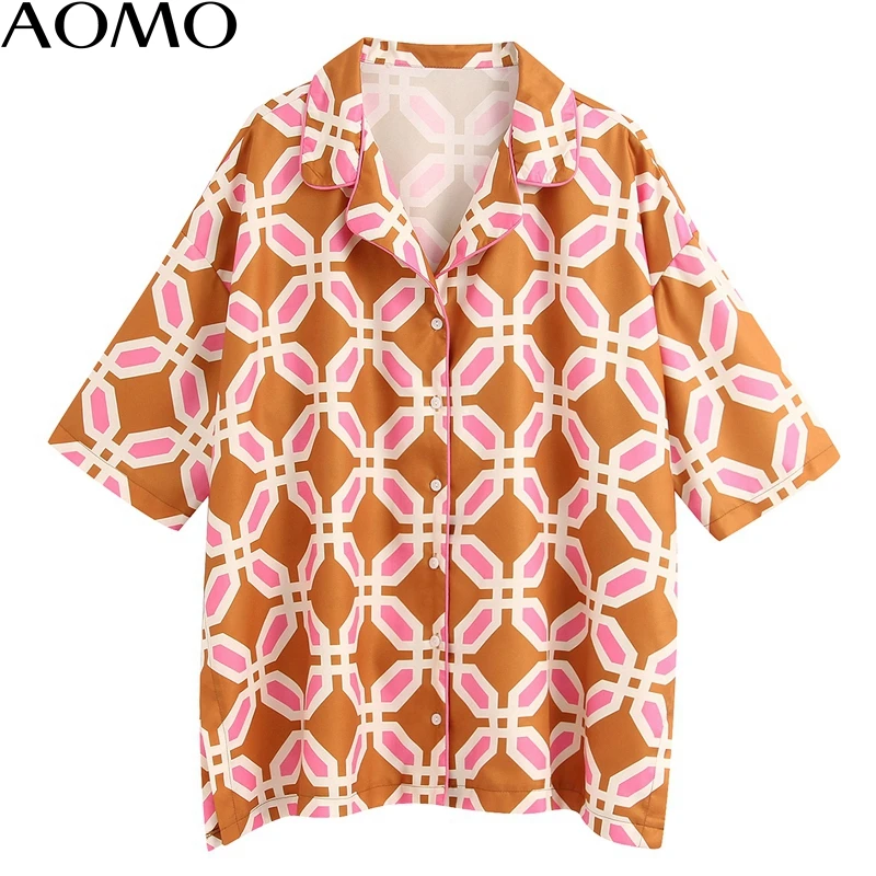 AOMO de la moda de las mujeres de gran tamaño de impresión de la gasa de la blusa de verano de manga corta elegante femenina casual suelto blusas tops BE363A 0
