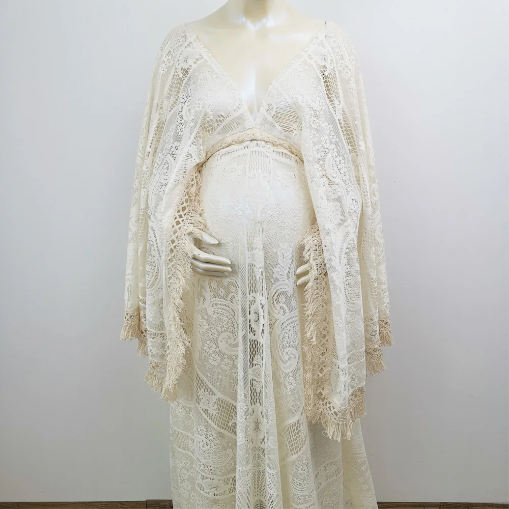 Bohemio Largo Mangas de Campana Vestido de Maternidad Embarazada Vestido de Encaje de la Túnica Kaftan de alta Costura para la Mujer de la Fotografía de la Proposición de la Ducha del Bebé Vestido de 0