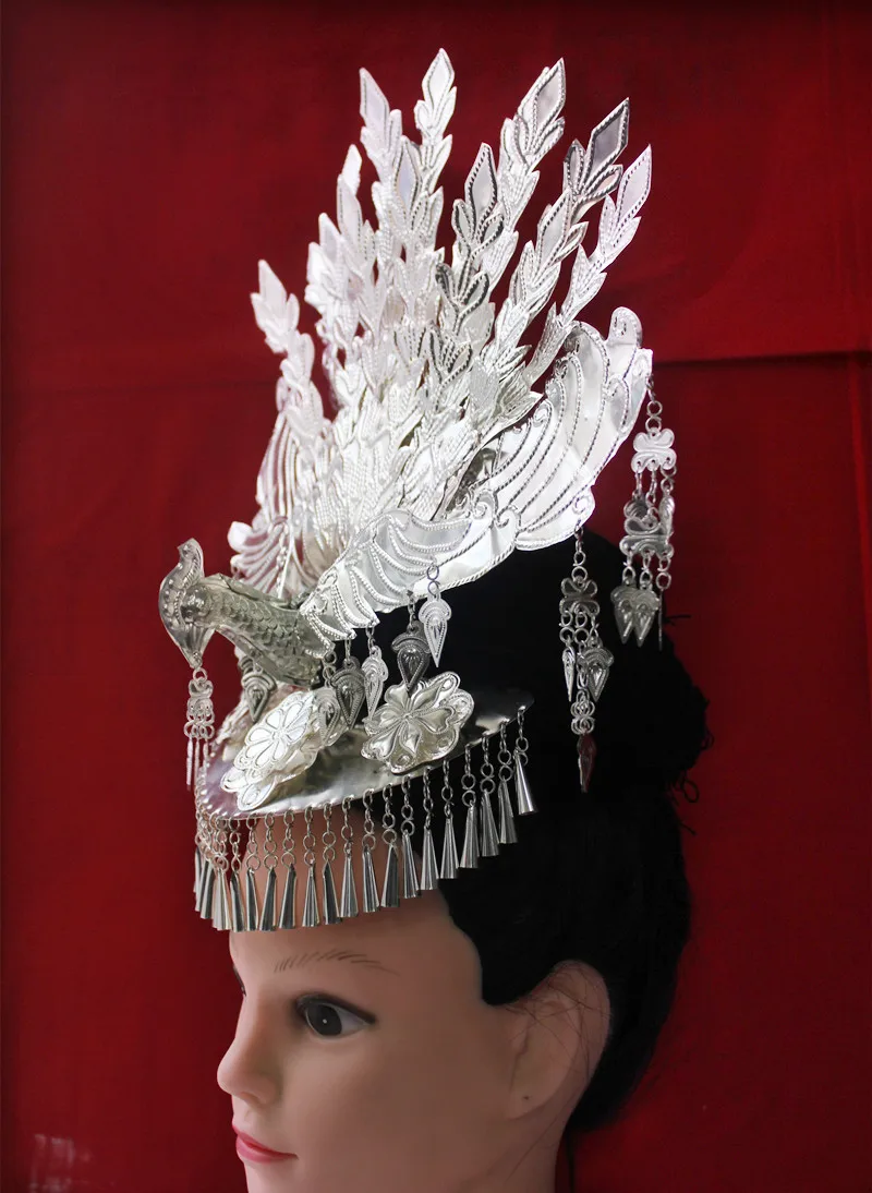 Las mujeres miao ropa de plata la cabeza de la decoración de la horquilla miao sombrero minoría danza del pavo real de los accesorios de la minoría de cosplay desgaste de la cabeza 0