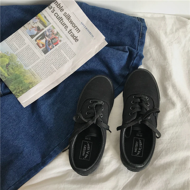 2019 Primavera de las Mujeres Vulcanizan los Zapatos de Lona de la Moda de Luz piso de Lona de los Zapatos de Damas Casual Bajo de Encaje hasta Zapatillas de deporte de Moda H1-25 0