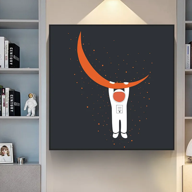 Nórdicos pintados a Mano de dibujos animados Naranja Planeta Astronauta de la Luna Villano Lienzo de Pintura para Niños en la Habitación de Decoración de la Pared del Arte de la Pintura 0