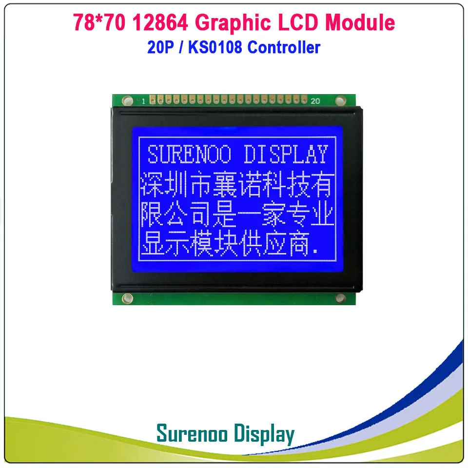 78X70MM 12864 Gráfico de la Matriz Módulo del LCD de la Pantalla de Visualización de construir-en el Controlador KS0108 Amarillo Verde Azul LCD con Retroiluminación LED 0